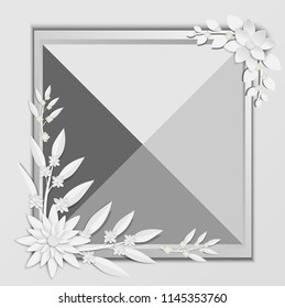 abstract white paper flowers, square frame, floral background, decoration, greeting card template, blank banner