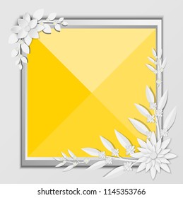 abstract white paper flowers, square frame, floral background, decoration, greeting card template, blank banner