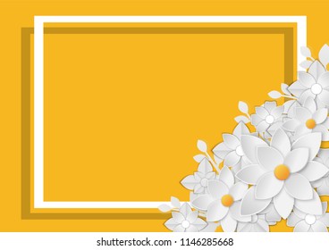 abstract white paper flowers, square frame, floral background, decoration, greeting card template, blank banner