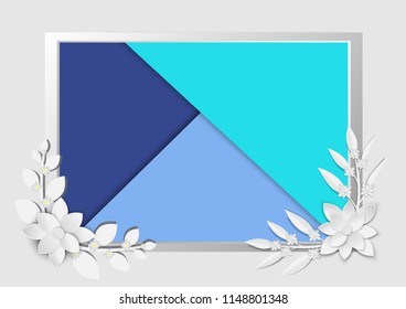 abstract white paper flowers, square frame, floral background, decoration, greeting card template, blank banner