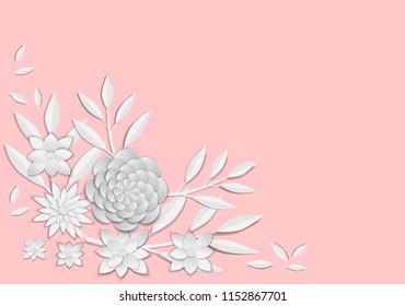 abstract white paper flowers, square frame, floral background, decoration, greeting card template, blank banner