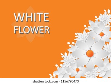 abstract white paper flowers, square frame, floral background, decoration, greeting card template, blank banner