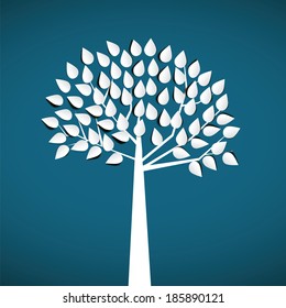 Abstract white paper tree on blue background. Vector illustration