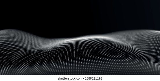 Abstract white particle background. Flow wave with dot landscape. Digital data structure. Future mesh or sound grid. Pattern point visualization. Technology vector illustration.
