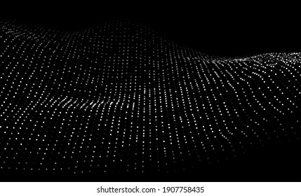 Abstract white particle background. Flow wave with dot landscape. Digital data structure. Future mesh or sound grid. Pattern point visualization. Technology vector illustration.