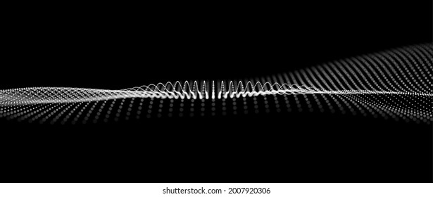 Resumen del fondo de la partícula blanca. Ola de flujo con paisaje de puntos. Estructura de datos digitales. Malla futura o rejilla de sonido. Visualización de puntos de patrón. Ilustración vectorial de tecnología.