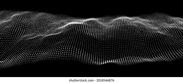 Abstract white particle background. Flow wave with dot landscape. Digital data structure. Future mesh or sound grid. Pattern point visualization. Technology vector illustration.
