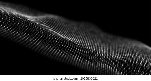 Abstract white particle background. Flow wave with dot landscape. Digital data structure. Future mesh or sound grid. Pattern point visualization. Technology vector illustration.