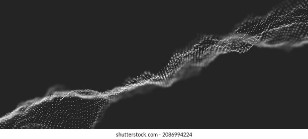 Abstract white particle background. Flow wave with dot landscape. Digital data structure. Future mesh or sound grid. Pattern point visualization. Technology vector illustration.