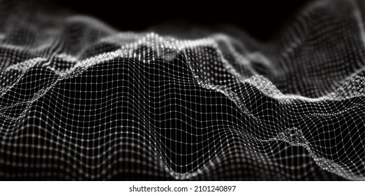 Resumen del fondo de la partícula blanca. Ola de flujo con paisaje de puntos. Estructura de datos digitales. Malla futura o rejilla de sonido. Visualización de puntos de patrón. Ilustración vectorial de tecnología.
