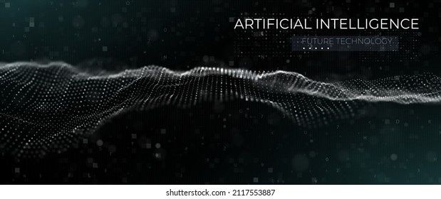 Abstract white particle background. Flow wave with dot landscape. Digital data structure. Future mesh or sound grid. Pattern point visualization.