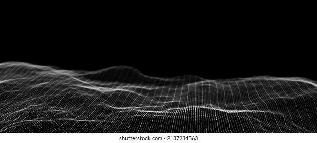 Abstract white particle background. Flow wave with dot landscape. Digital data structure. Future mesh or sound grid. Pattern point visualization.