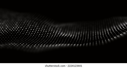 Abstract white particle background. Flow wave with dot landscape. Digital data structure. Future mesh or sound grid. Pattern point visualization. Technology vector illustration.
