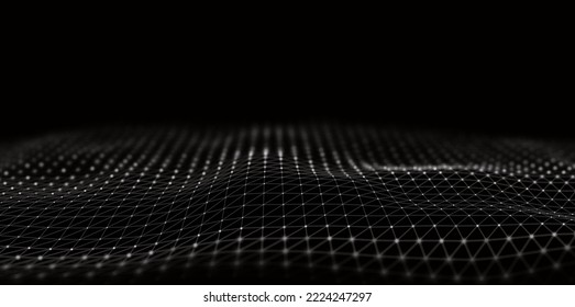 Resumen del fondo de la partícula blanca. Ola de flujo con paisaje de puntos. Estructura de datos digitales. Malla futura o rejilla de sonido. Visualización de puntos de patrón. Ilustración vectorial de tecnología.
