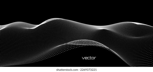 Abstrakter weißer Partikelhintergrund. Flusswave-Landschaftsfläche. Digitale Datenstruktur. Zukünftiges Mesh- oder Soundgitter. Musterpunktvisualisierung. Technologie-Vektorgrafik.