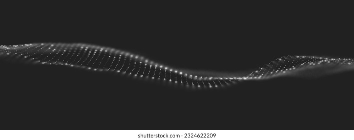 Abstract white particle background. Flow wave with dot landscape. Digital data structure. Future mesh or sound grid. Pattern point visualization. Technology vector illustration.