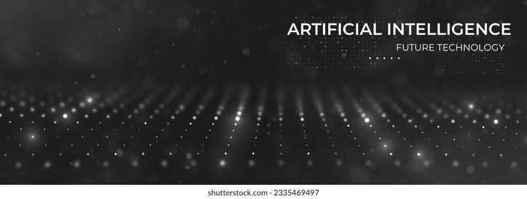 Resumen del fondo de la partícula blanca. Ola de flujo con paisaje de puntos. Estructura de datos digitales. Malla futura o rejilla de sonido. Visualización de puntos de patrón.