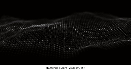 Resumen del fondo de la partícula blanca. Ola de flujo con paisaje de puntos. Estructura de datos digitales. Malla futura o rejilla de sonido. Visualización de puntos de patrón.