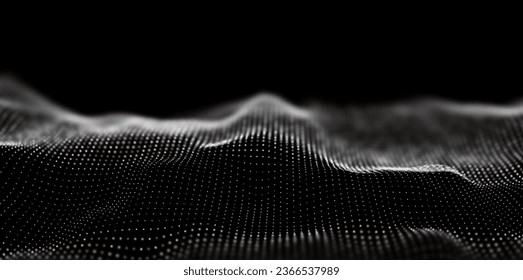 Resumen del fondo de la partícula blanca. Ola de flujo con paisaje de puntos. Estructura de datos digitales. Malla futura o rejilla de sonido. Visualización de puntos de patrón.