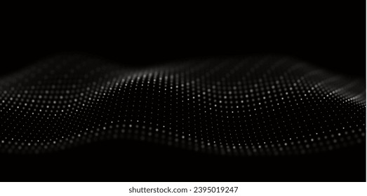 Abstract white particle background. Flow wave with dot landscape. Digital data structure. Future mesh or sound grid. Pattern point visualization. Technology vector illustration.