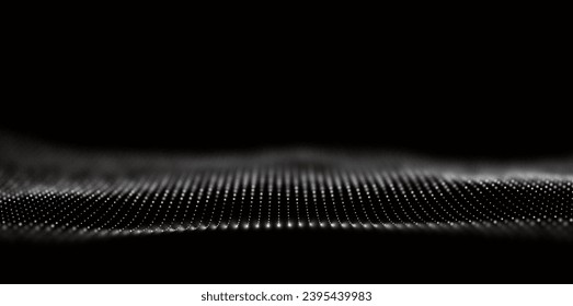 Resumen del fondo de la partícula blanca. Ola de flujo con paisaje de puntos. Estructura de datos digitales. Malla futura o rejilla de sonido. Visualización de puntos de patrón. Ilustración vectorial de tecnología.