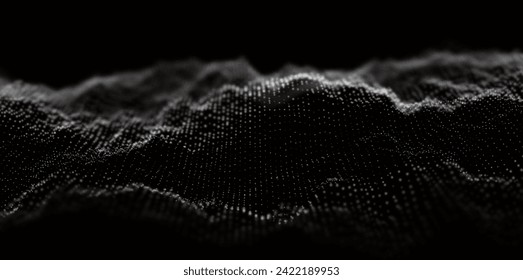 Abstract white particle background. Flow wave with dot landscape. Digital data structure. Future mesh or sound grid. Pattern point visualization. Technology vector illustration.