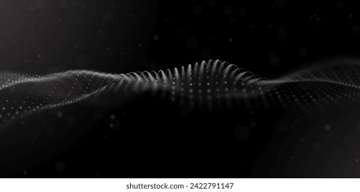 Abstract white particle background. Flow wave with dot landscape. Digital data structure. Future mesh or sound grid. Pattern point visualization. Technology vector illustration.