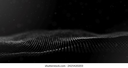 Abstract white particle background. Flow wave with dot landscape. Digital data structure. Future mesh or sound grid. Pattern point visualization. Technology vector illustration.