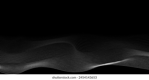 Abstractas fondo de partículas blancas. Onda de flujo con paisaje de puntos. Estructura de datos digitales. Futura malla o rejilla de sonido. Visualización del punto de patrón.