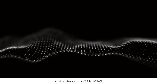 Abstractas fondo de partículas blancas. Onda de flujo con paisaje de puntos. Estructura de datos digitales. Malla futura o rejilla de sonido. Visualización del punto de patrón. Ilustración vectorial de Tecnología.