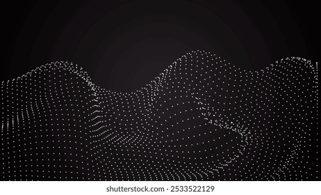 Abstractas fondo de partículas blancas. Onda de flujo con paisaje de puntos. Estructura de datos digitales. Malla futura o rejilla de sonido. Visualización del punto de patrón.