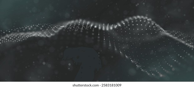 Abstract white particle background. Flow wave with dot landscape. Digital data structure. Future mesh or sound grid. Pattern point visualization. Technology vector illustration.