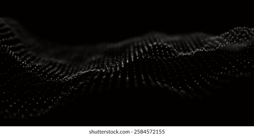 Abstract white particle background. Flow wave with dot landscape. Digital data structure. Future mesh or sound grid. Pattern point visualization. Technology vector illustration.