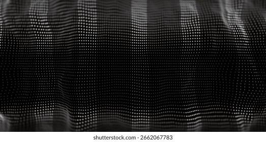Abstrakter weißer Partikelhintergrund. Flusswelle mit Punktquerschnitt. Digitale Datenstruktur. Zukünftiges Netz- oder Schallgitter. Musterpunktvisualisierung. Technologie, Vektorgrafik.