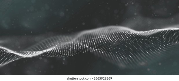 Fundo de partícula branca abstrato. Onda de fluxo com paisagem pontual. Estrutura de dados digitais. Malha futura ou grade de som. Visualização de ponto de padrão. Ilustração do vetor de tecnologia.
