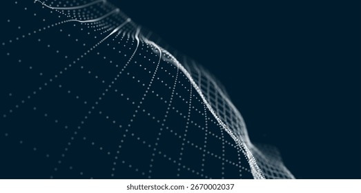 Abstrakter weißer Partikelhintergrund. Flusswelle mit Punktquerschnitt. Digitale Datenstruktur. Zukünftiges Netz- oder Schallgitter. Musterpunktvisualisierung. Technologie, Vektorgrafik.