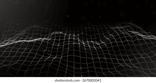 Fundo de partícula branca abstrato. Onda de fluxo com paisagem pontual. Estrutura de dados digitais. Malha futura ou grade de som. Visualização de ponto de padrão. Ilustração do vetor de tecnologia.