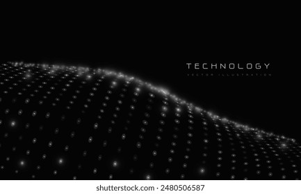 Ilustración vectorial Abstractas de la tecnología de visualización del punto del patrón de la cuadrícula de la estructura de datos digitales del punto de la onda del flujo de la malla de partículas blancas.