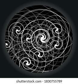 Abstract white pattern circle swirl black background with gradient.