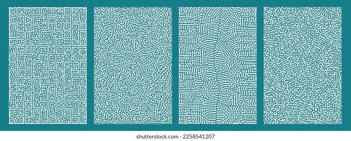 Abstract white pattern four styles of reaction biology diffusion turing on light blue background poster cover design. Vector illustration.  