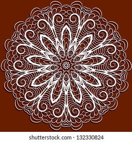 Abstract white pattern like as snowflake or crocheting serviette at red background