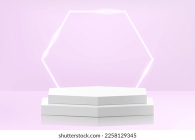Abstract white pedestal podium in hexagon shape, with glowing neon hexagonal background. Minimal wall scene for product display presentation. Realistic 3d vector geometric rendering platform design. 