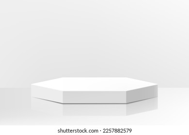 Abstract white pedestal podium in polyhedron shape. Minimal wall scene for product display presentation. Realistic 3d vector geometric rendering platform design. Polyhedron.