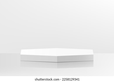 Abstract white pedestal podium in polyhedron shape. Minimal wall scene for product display presentation. Realistic 3d vector geometric rendering platform design. Polyhedron.