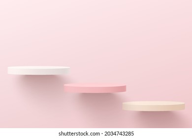 Abstract white and pink 3D cylinder pedestal podium floating on air.  Pastel pink minimal wall scene for cosmetic product display presentation, Showcase. Vector geometric rendering platform design.