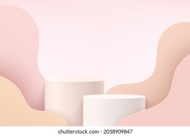 Abstract White and Pink 3D cylinder pedestal or stand podium with layer wavy backdrop. Luxury light pink minimal scene for cosmetic product display presentation. Vector geometric rendering platform.
