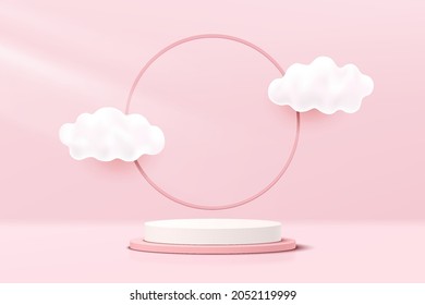 Abstract White, Pink 3D cylinder pedestal podium with cloud flying and circle ring backdrop. Pastel pink minimal scene for product display presentation. Vector geometric rendering platform design.