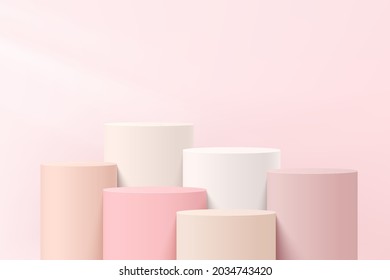 Abstract white and pink 3D steps cylinder pedestal or stand podium with pastel pink wall scene for cosmetic product display presentation. Vector geometric rendering platform design. Vector EPS10.