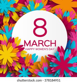 Abstract White Pink Floral Greeting card - International Happy Women's Day - 8 March holiday background with paper cut Frame Flowers. Happy Mother's Day. Trendy Design Template. Vector illustration.