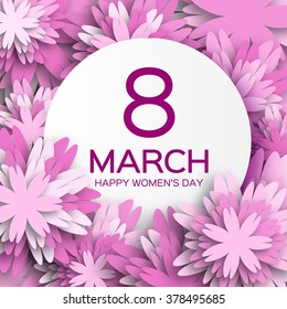 Abstract White Pink Floral Greeting card - International Happy Women's Day - 8 March holiday background with paper cut Frame Flowers. Happy Mother's Day. Trendy Design Template. Vector illustration.